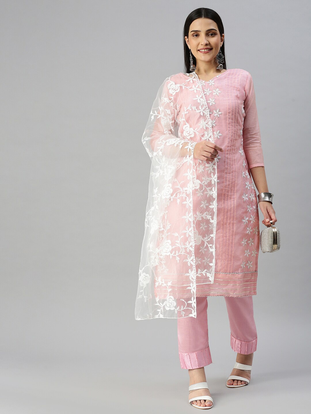 

KALINI Embroidered Sequinned Unstitched Dress Material, Pink