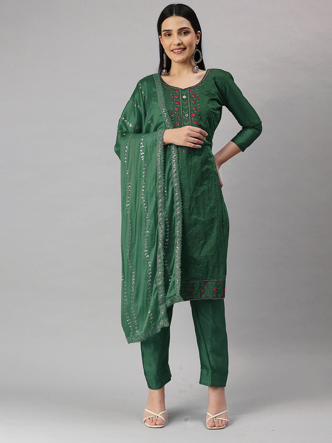 

KALINI Embroidered Sequinned Unstitched Dress Material, Green