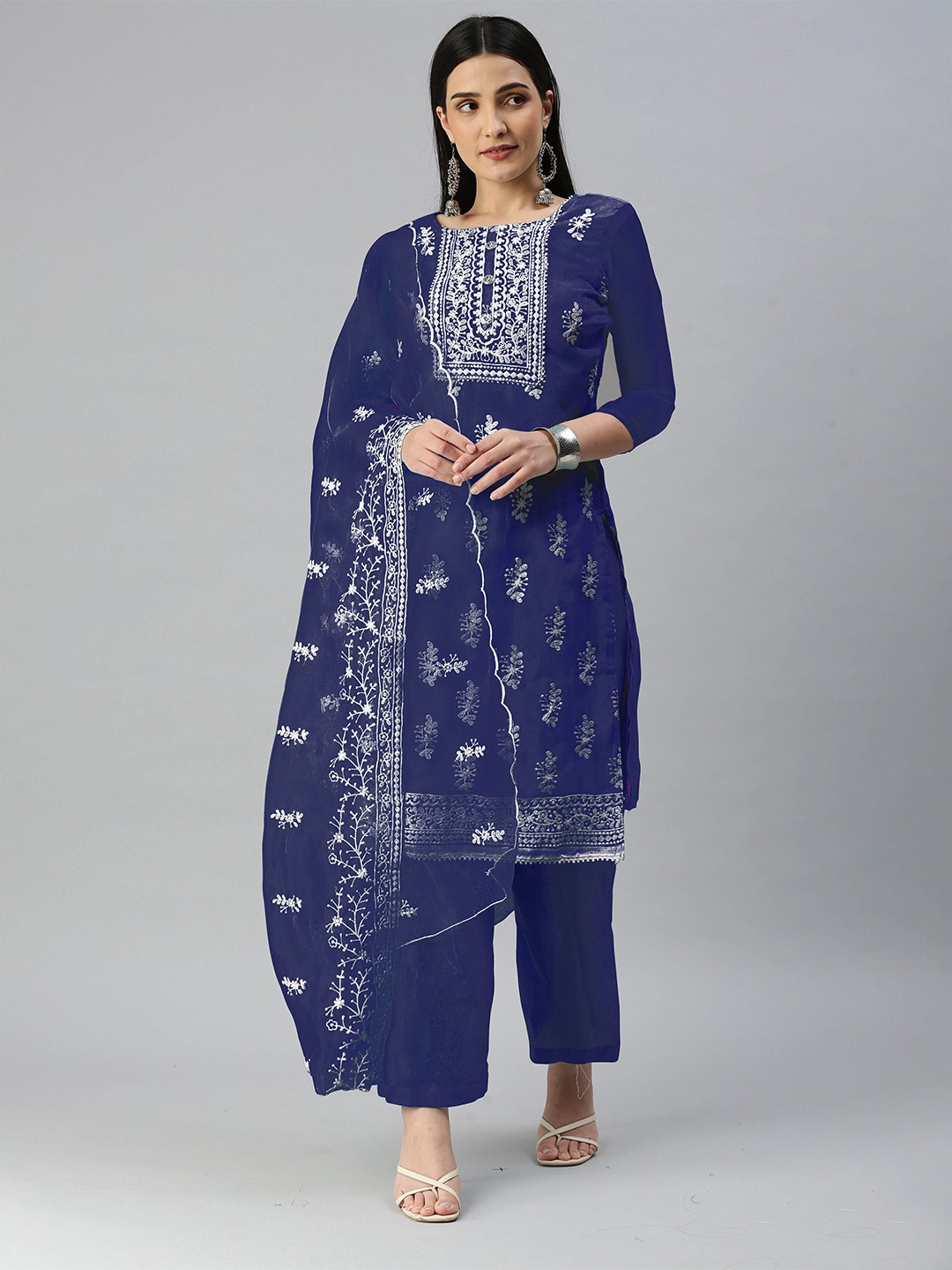 

KALINI Embroidered Organza Unstitched Dress Material, Blue