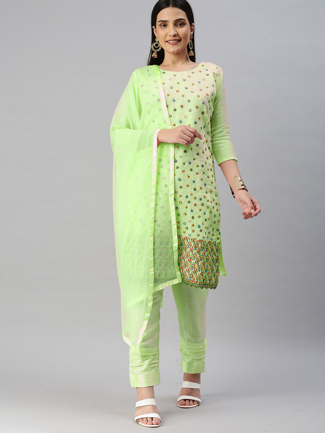 

KALINI Embroidered Mirror Work Unstitched Dress Material, Green