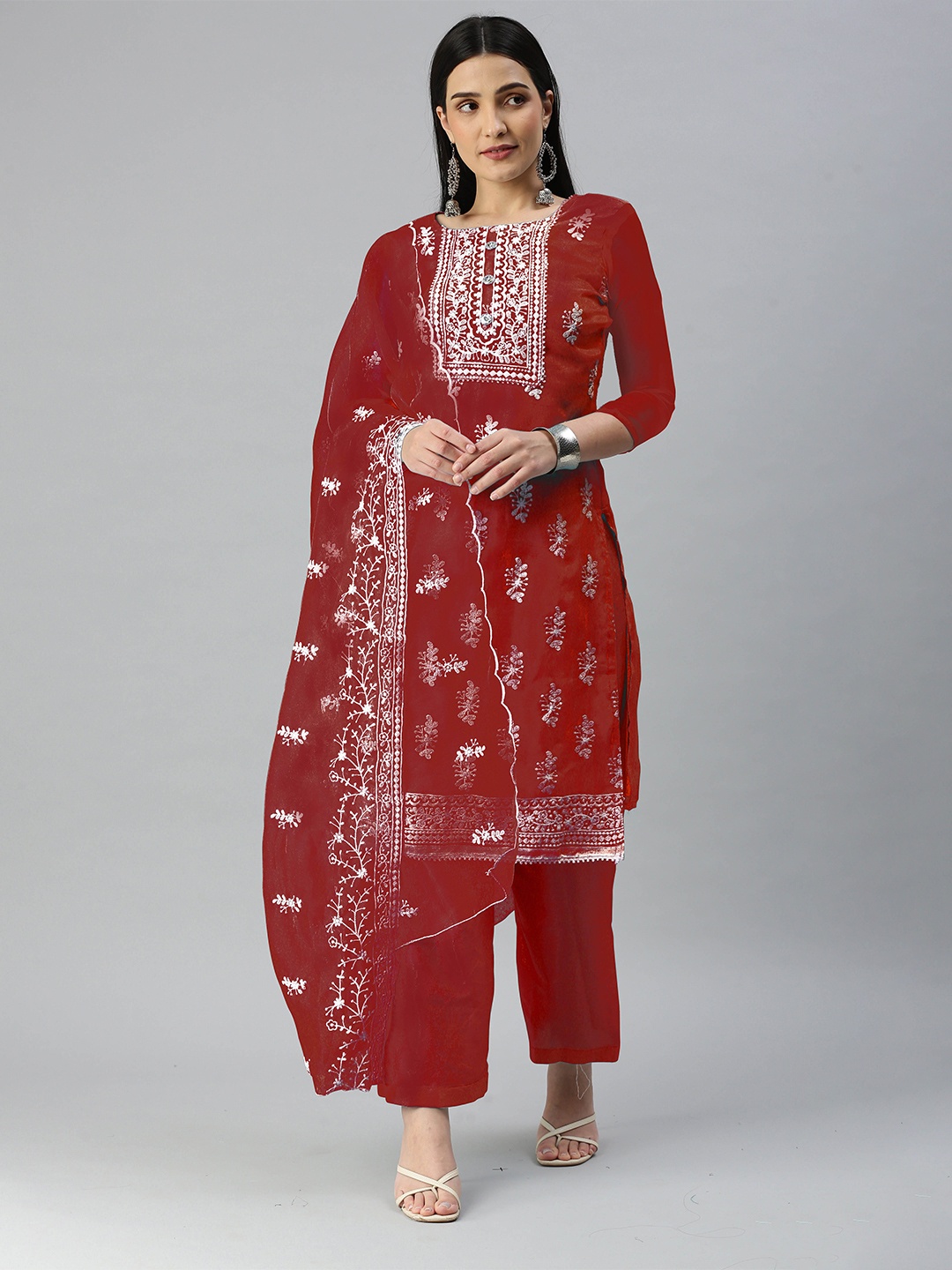 

KALINI Embroidered Organza Unstitched Dress Material, Maroon