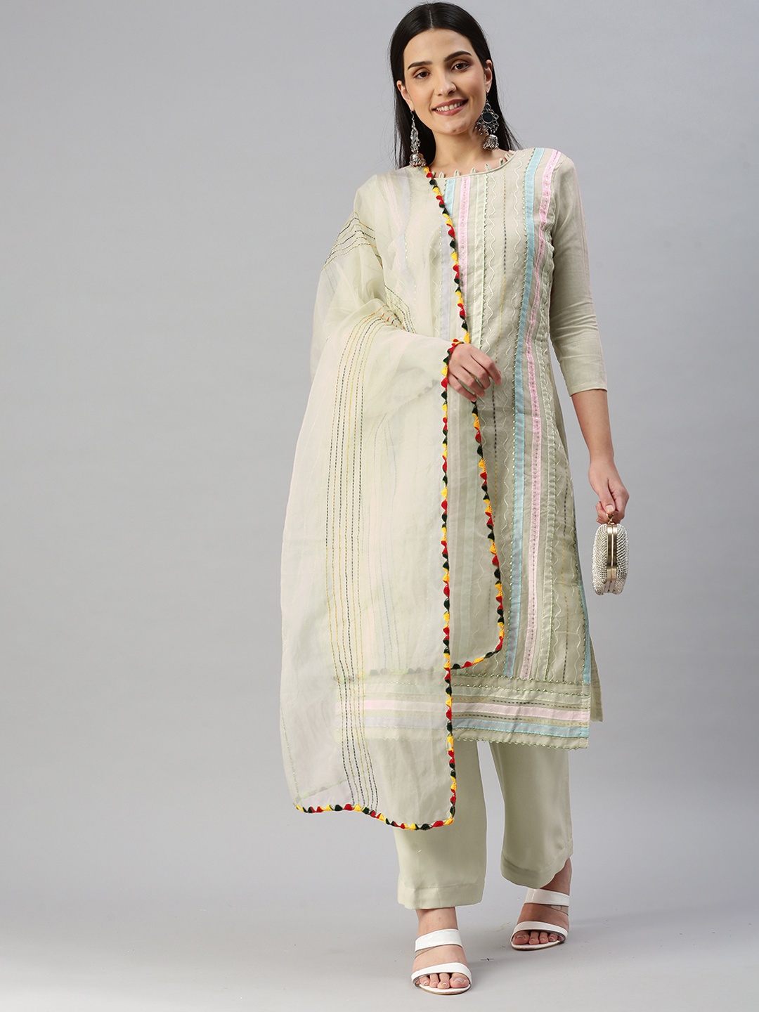 

KALINI Embroidered With Gotta Patti Unstitched Dress Material, Off white