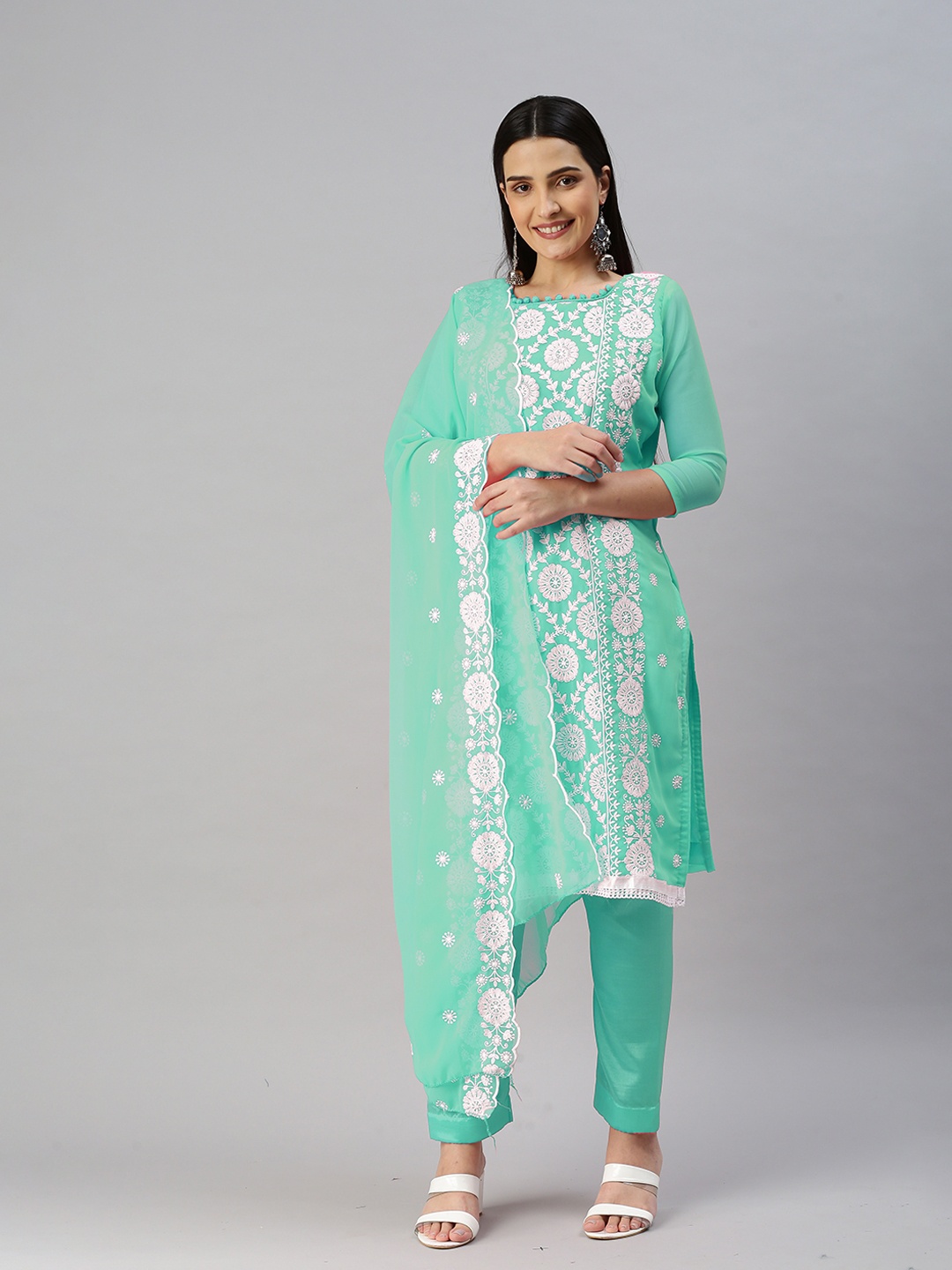 

KALINI Floral Embroidered Silk Georgette Unstitched Dress Material, Sea green