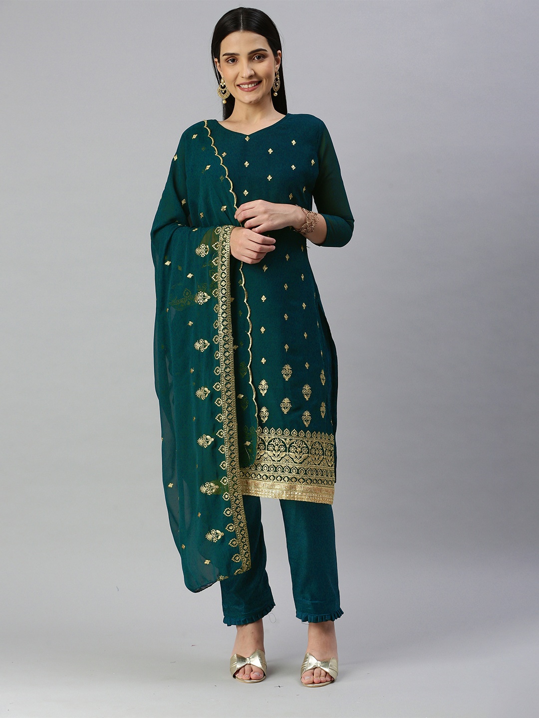 

KALINI Embroidered Beads & Stones Silk Georgette Unstitched Dress Material, Teal