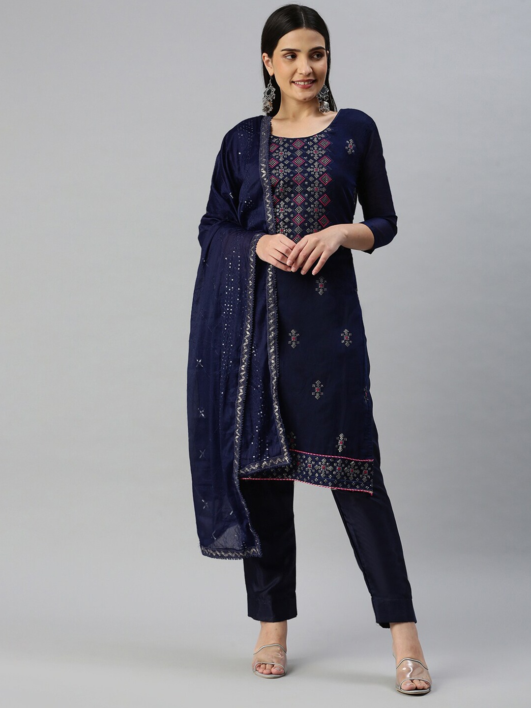 

KALINI Sequinned Embellished Yoke Design Unstitched Dress Material, Navy blue