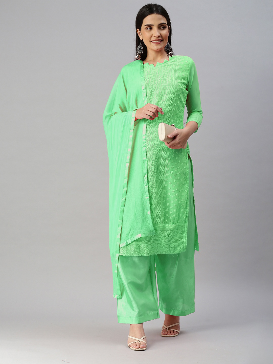 

KALINI Embroidered Silk Georgette Unstitched Dress Material, Lime green