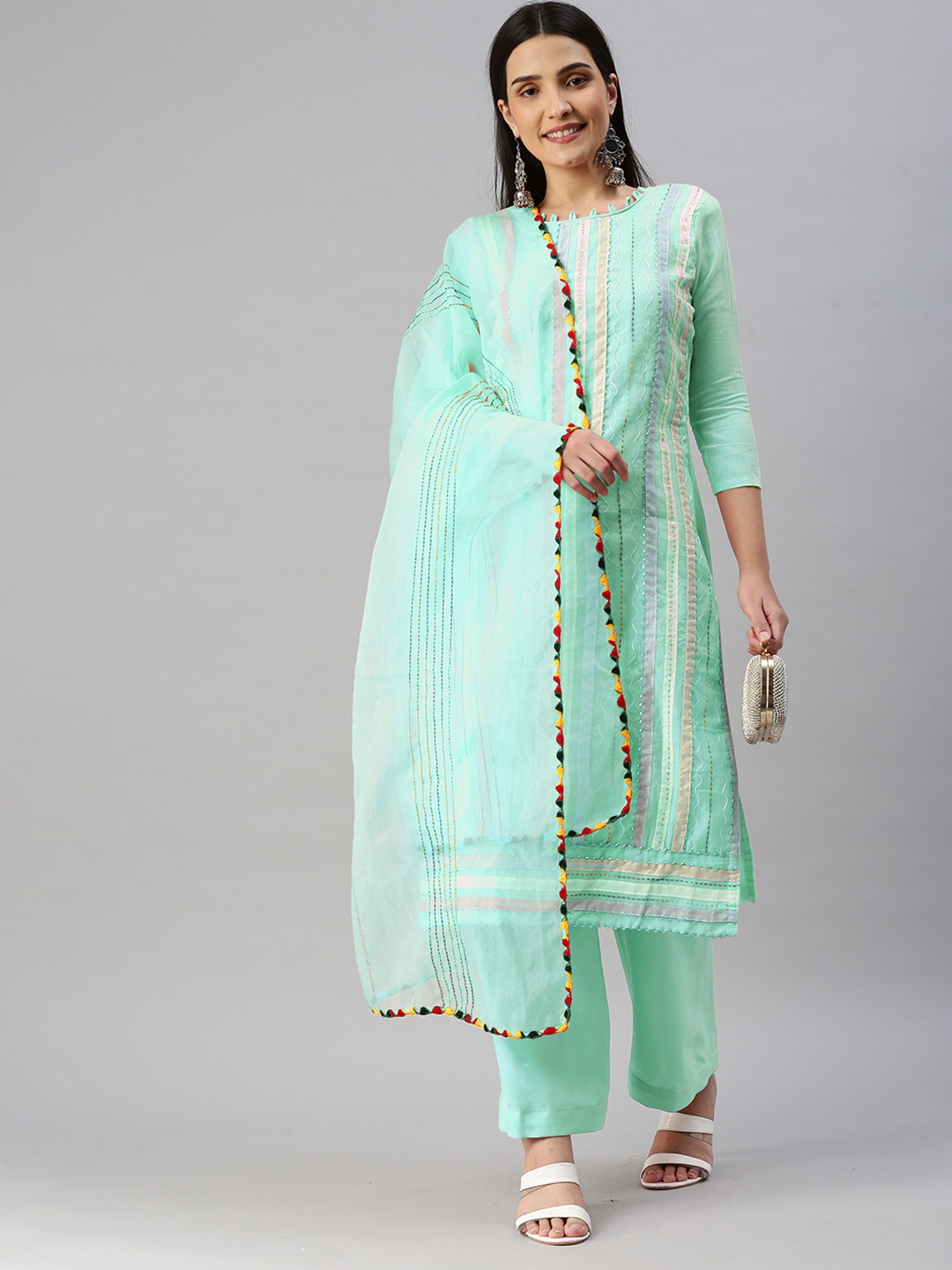 

KALINI Embroidered Gotta Patti Unstitched Dress Material, Sea green