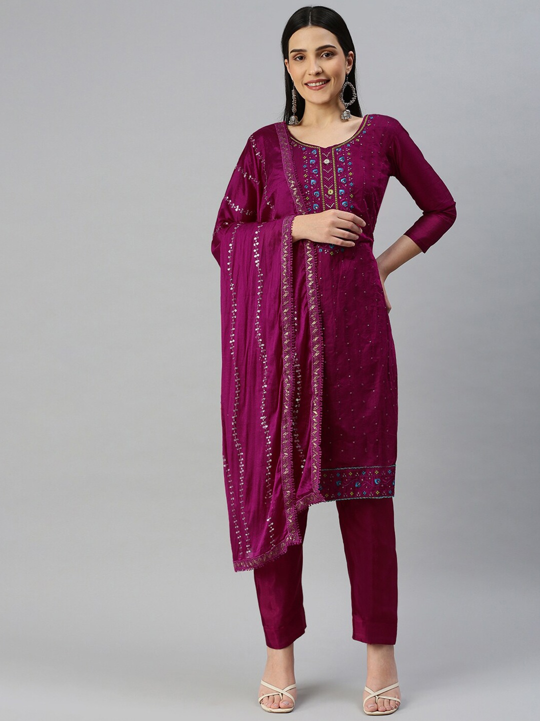 

KALINI Sequinned Embroidered Unstitched Dress Material, Pink