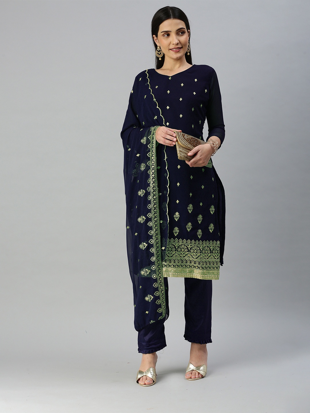 

KALINI Embroidered Zari Silk Georgette Unstitched Dress Material, Navy blue