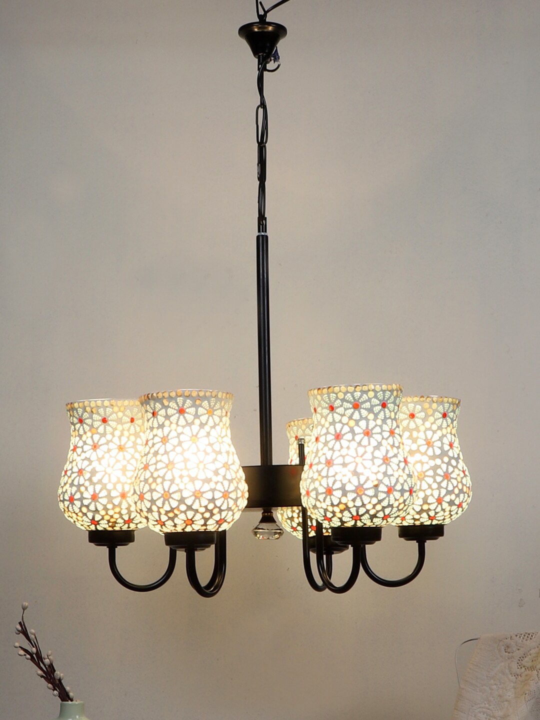 

Devansh White & Red Mosaic Design Glass 6 Shades Chandelier