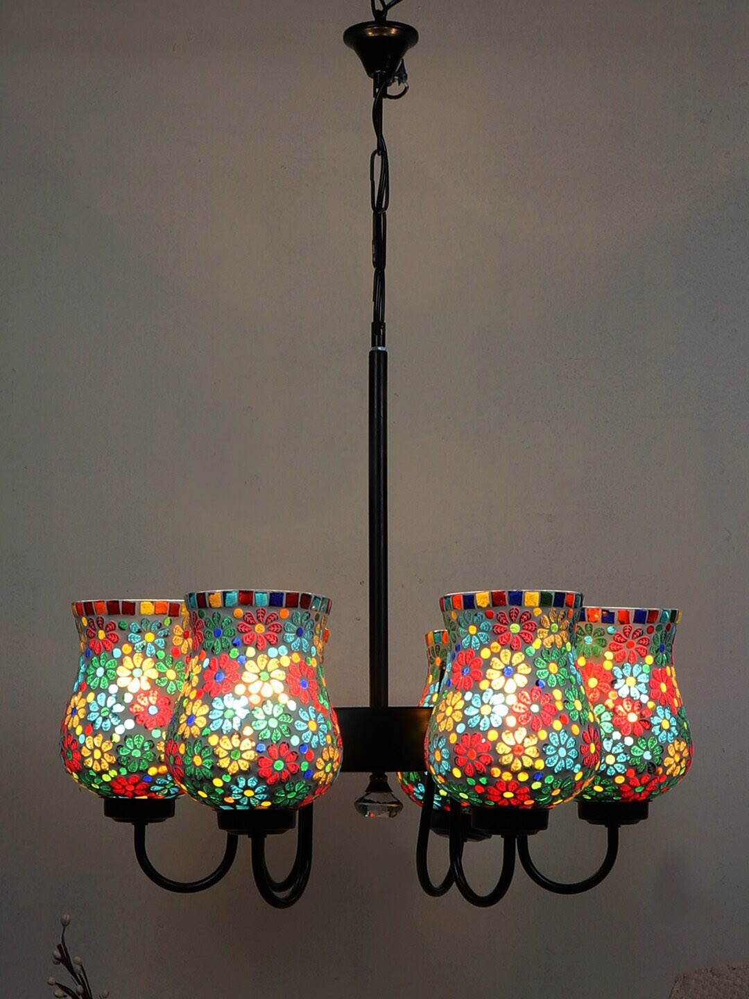 

Devansh White & Red Mosaic Design Glass 6 Shades Chandelier
