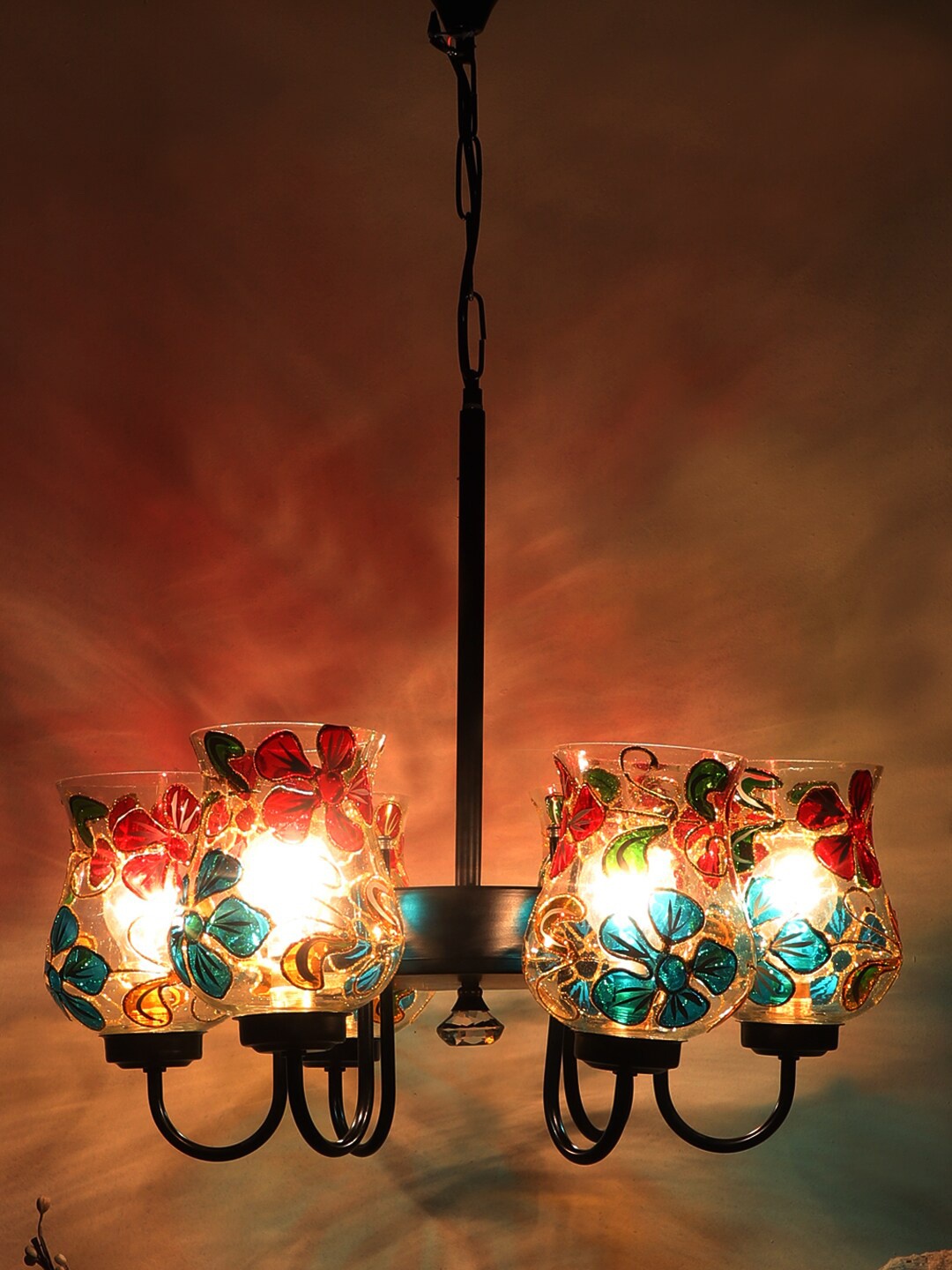 

Devansh Red & Blue Mosaic Design Glass 6 Shades Chandelier