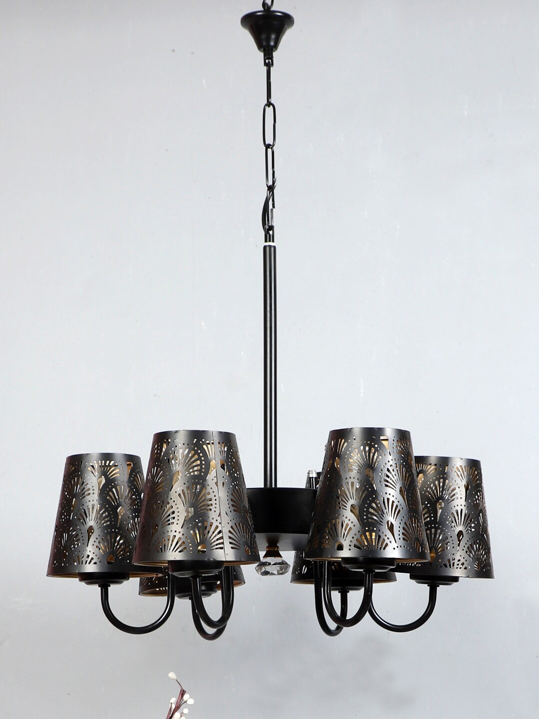 

Devansh Black Self Design Metal Etching 6 Lamp Shades Chandelier