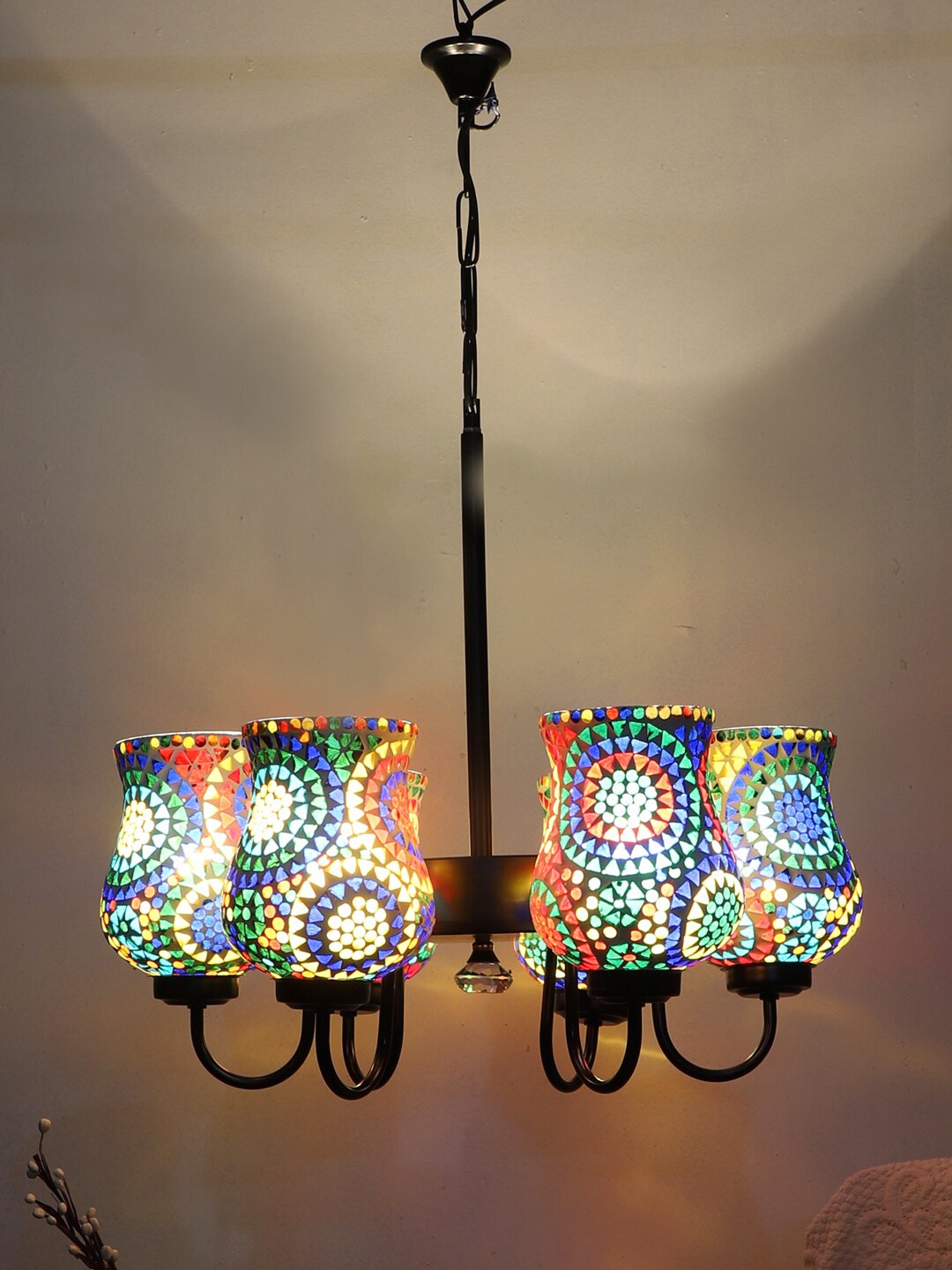 

Devansh White & Blue Mosaic Design Glass 6 Shades Chandelier