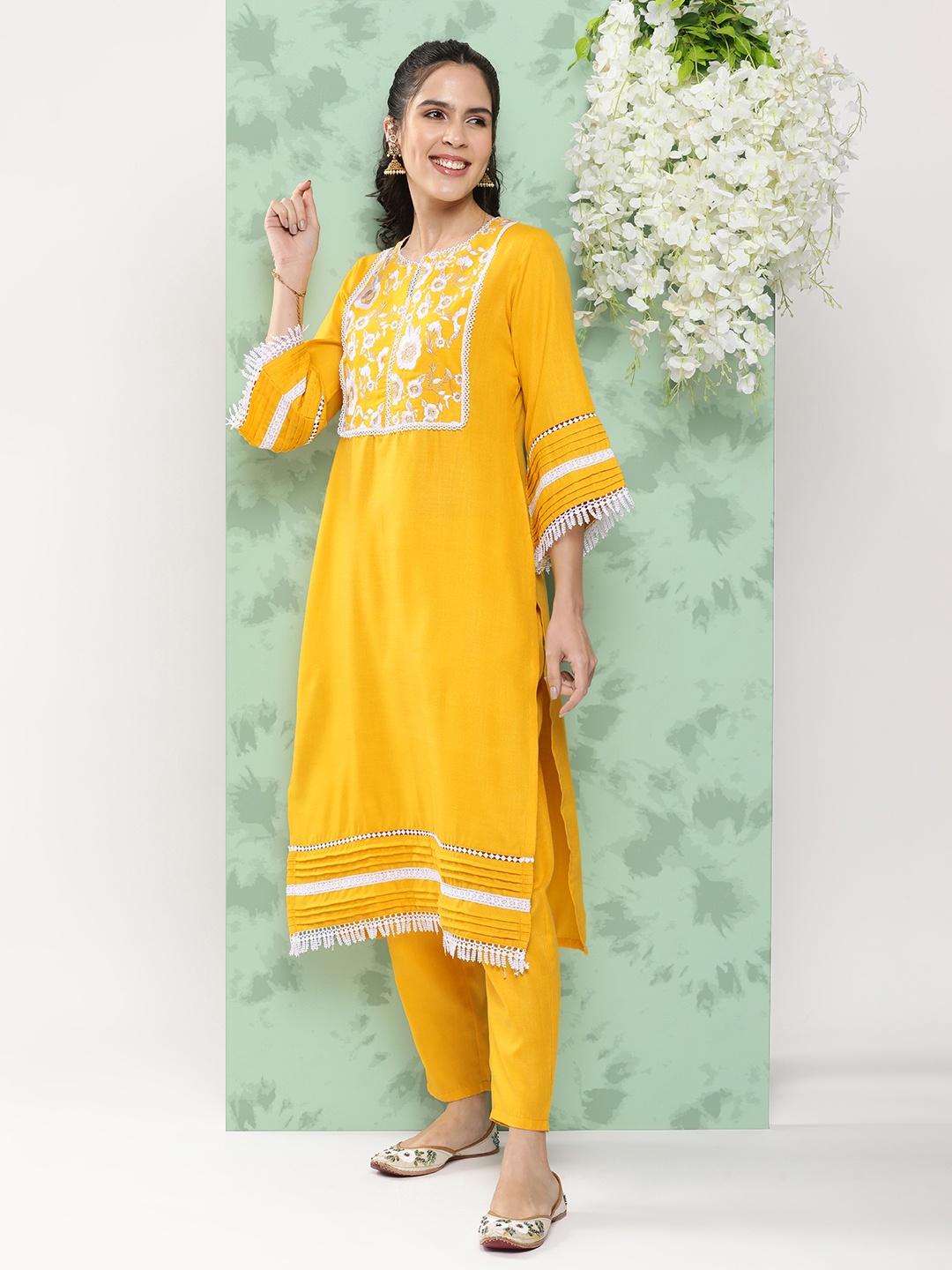 

Bhama Couture Floral Yoke Design Regular Thread Work Kurta with Palazzos, Mustard