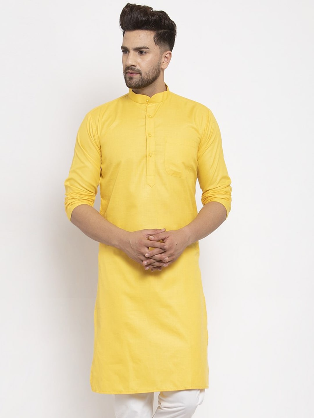

Kaifoo Mandarin Collar Long Sleeves Straight Kurta, Yellow