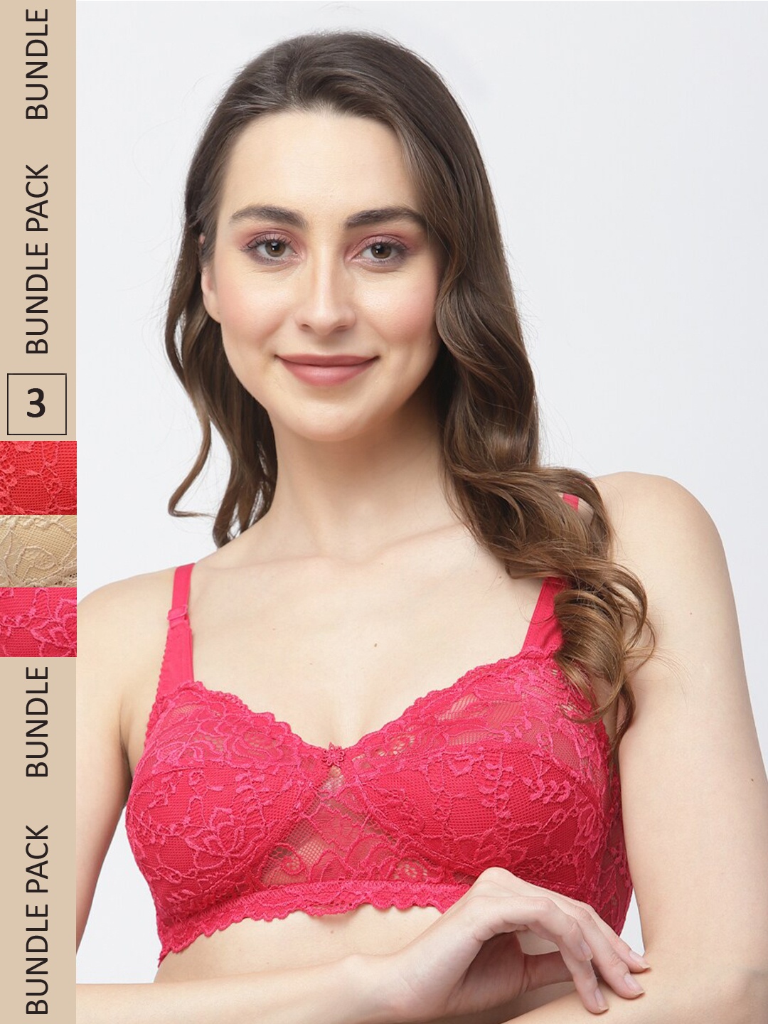 

Docare Pack of 3 Floral Lace Non Padded Cotton Bralette Bra, Red