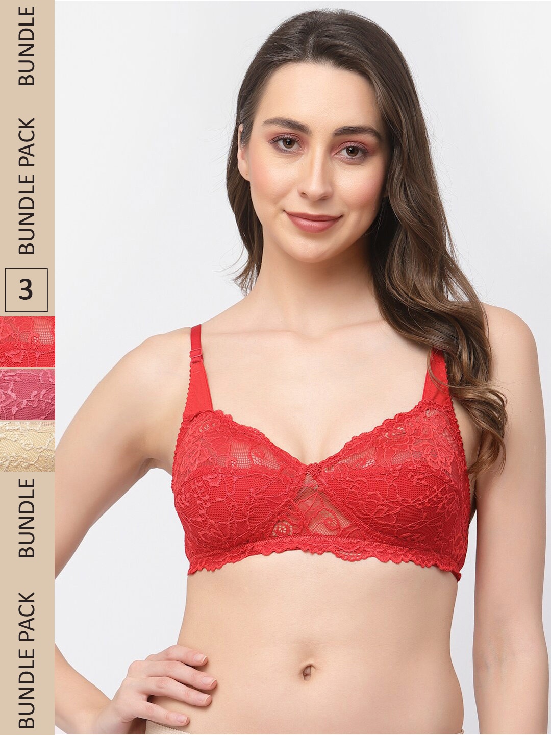 

Docare Pack Of 3 Floral Non Padded Non-Wired Cotton Bralette Bra, Red