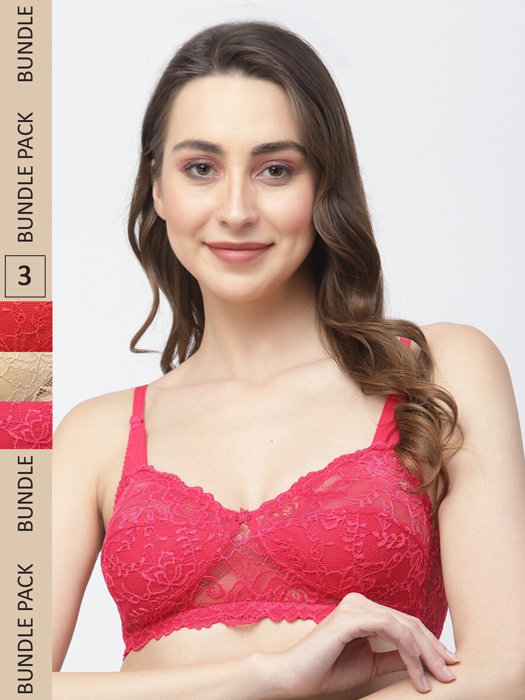 

Docare Pack of 3 Floral Lace Non Padded Cotton T-Shirt Bra, Red