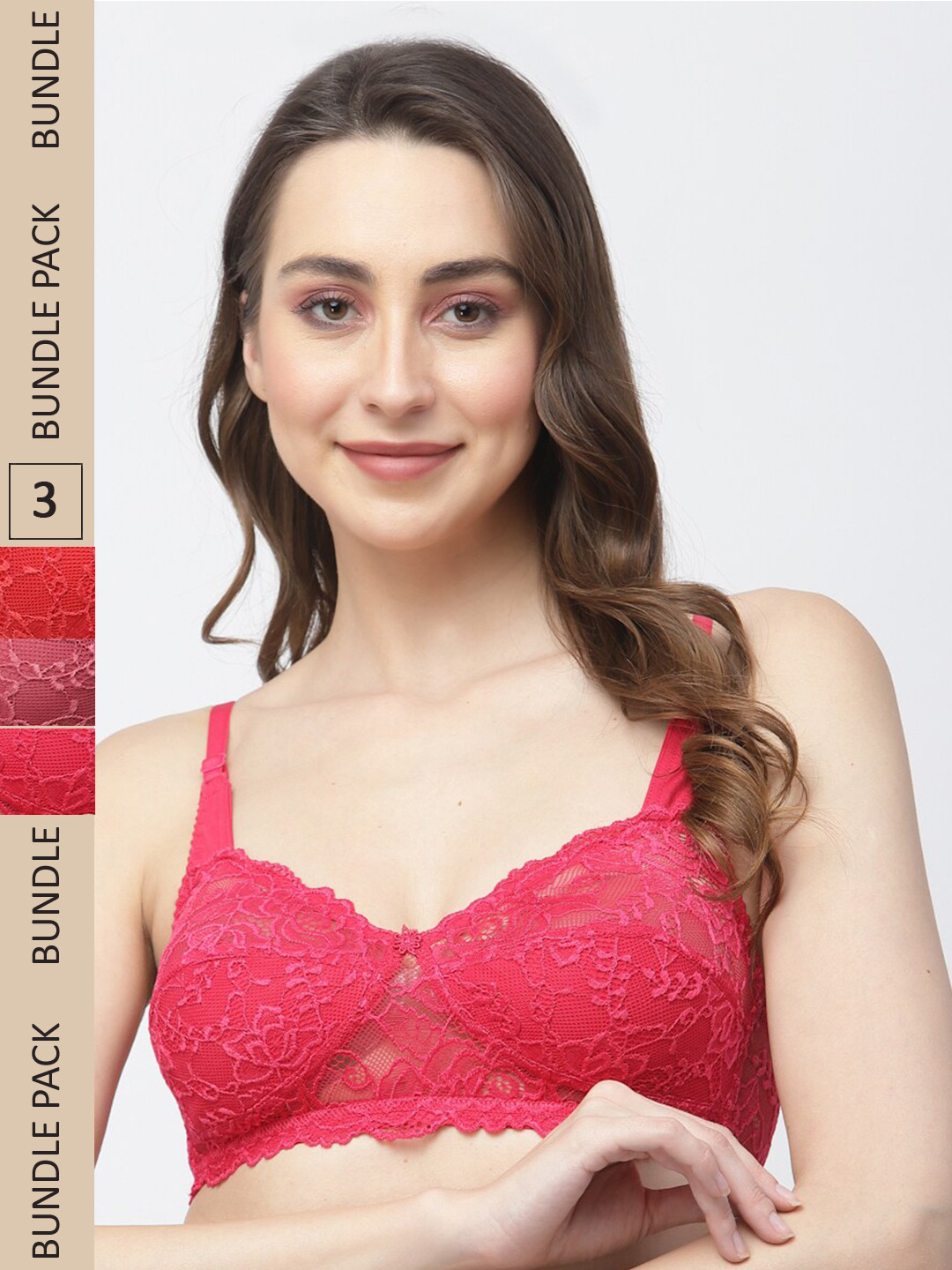 

Docare Pack of 3 Floral Lace Non Padded Cotton Bralette Bra, Pink