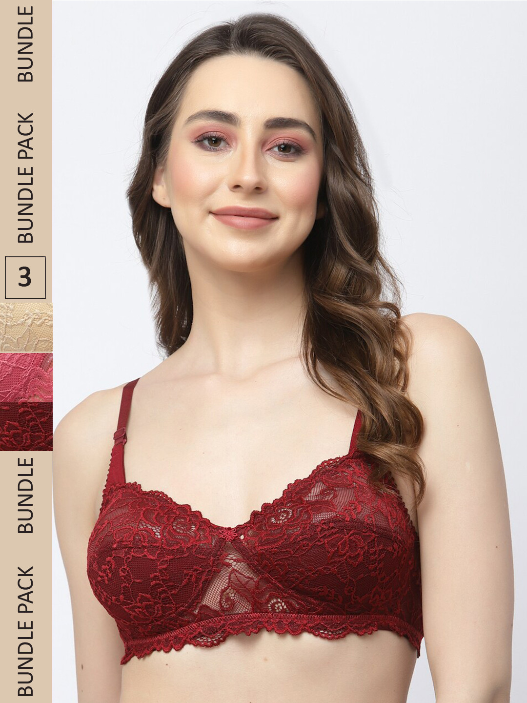 

Docare Pack of 3 Floral Lace Non Padded Cotton Bralette Bra, Maroon