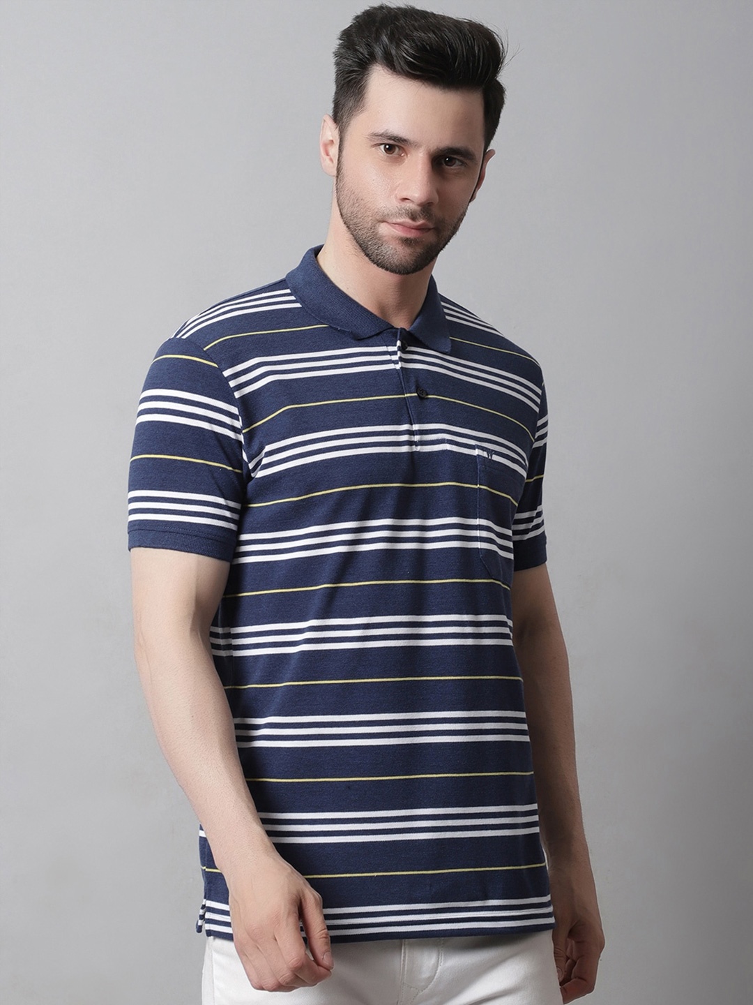 

VENITIAN Striped Polo Collar Cotton T-shirt, Navy blue