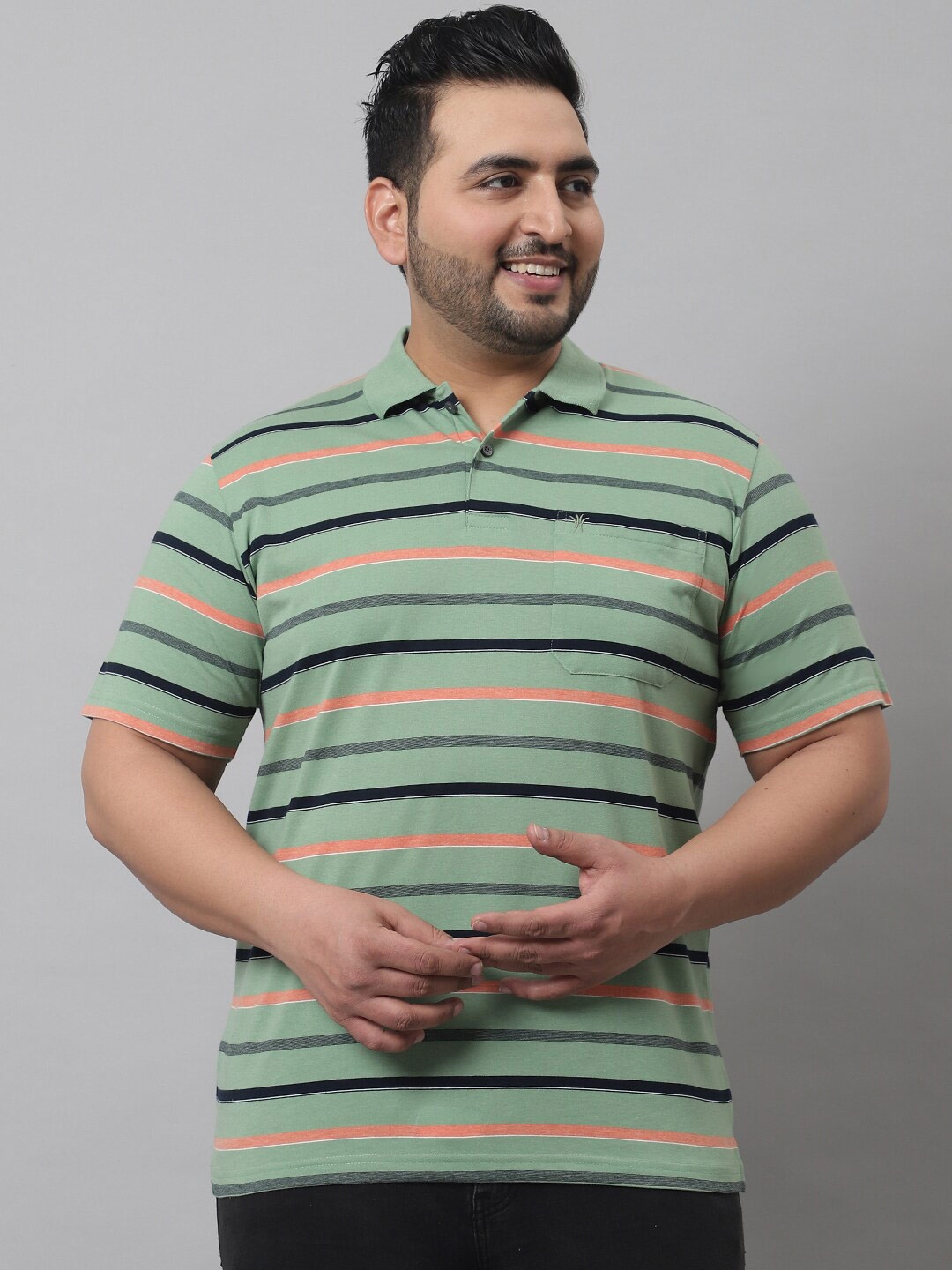 

VENITIAN Striped Polo Collar Cotton T-shirt, Green