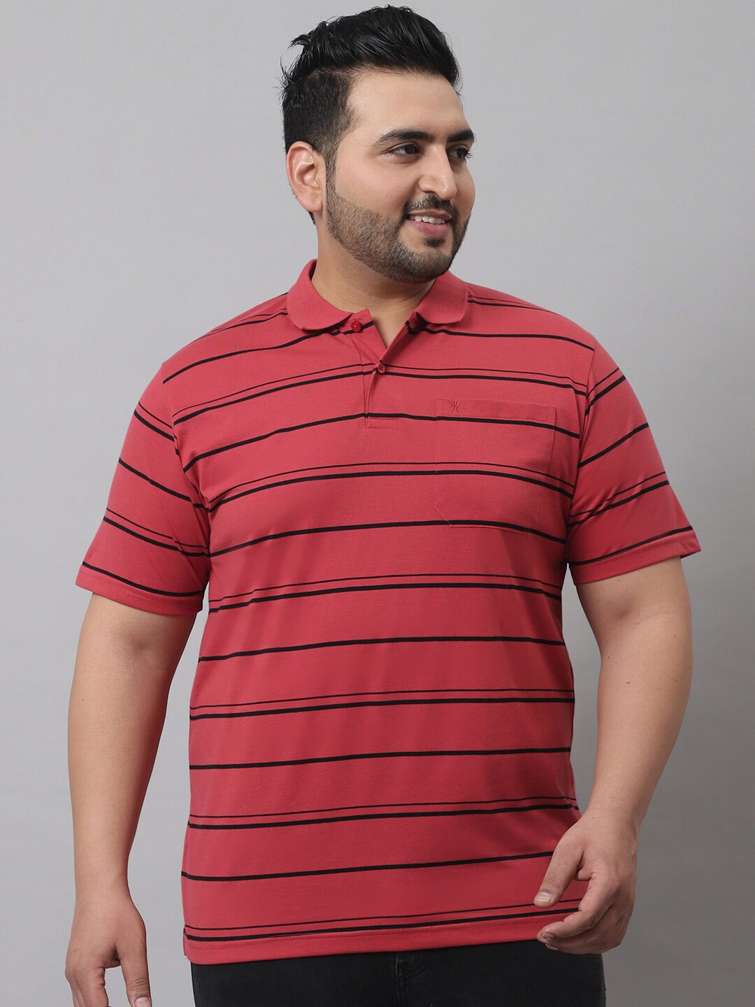 

VENITIAN Plus Size Striped Polo Collar Cotton T-shirt, Red
