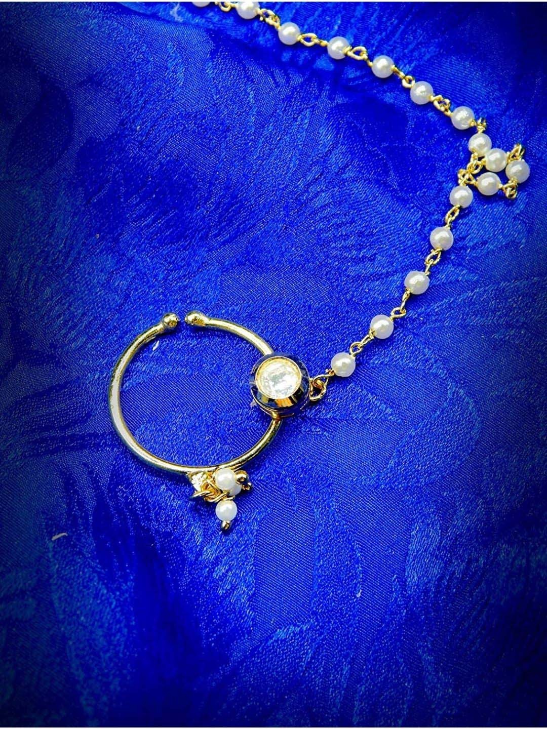 

AccessHer Gold-Toned Kundan Studded & Beaded Chained Nose Ring