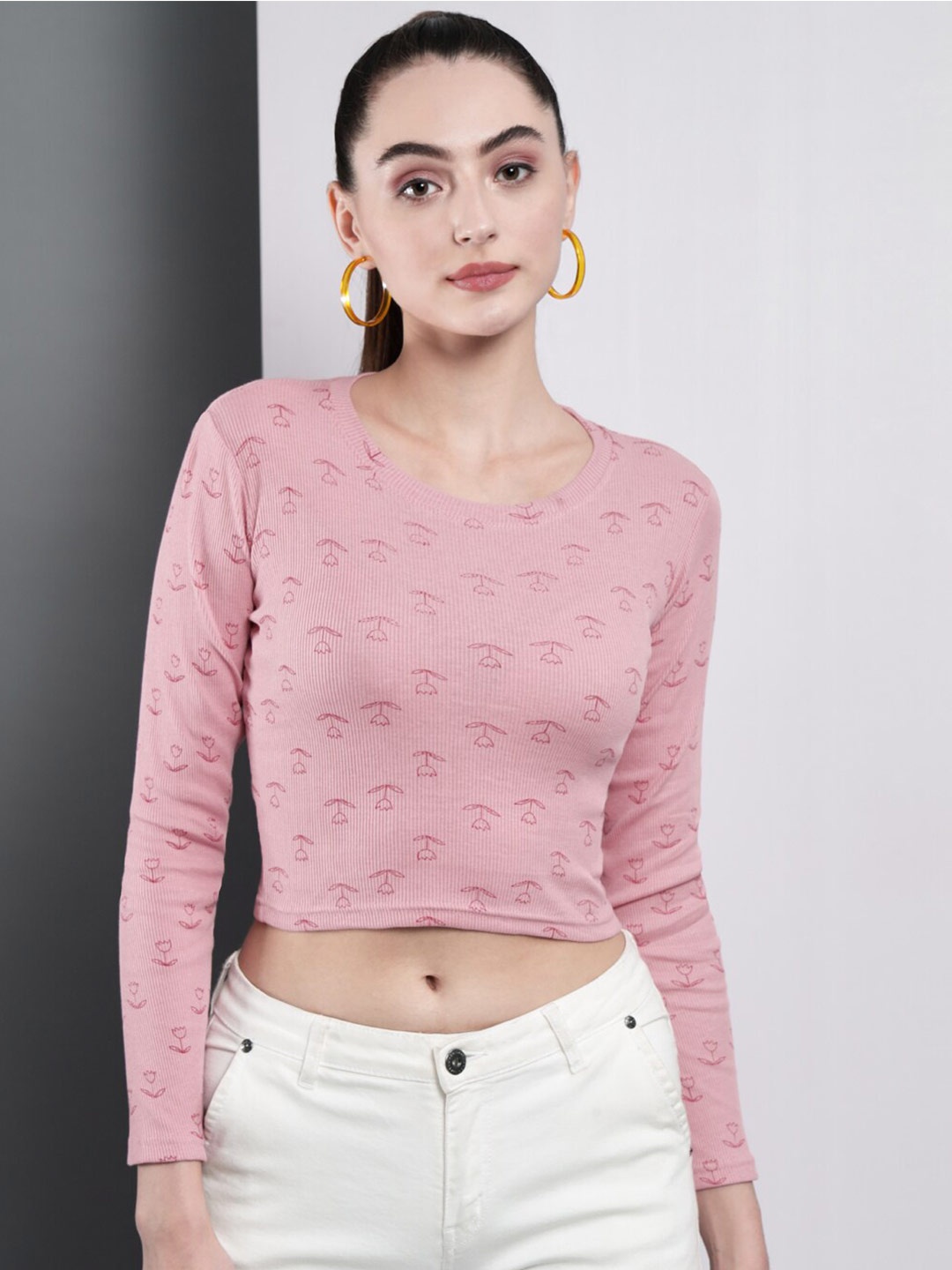 

GUTI Conversational Printed Long Sleeves Cotton Crop Top, Pink