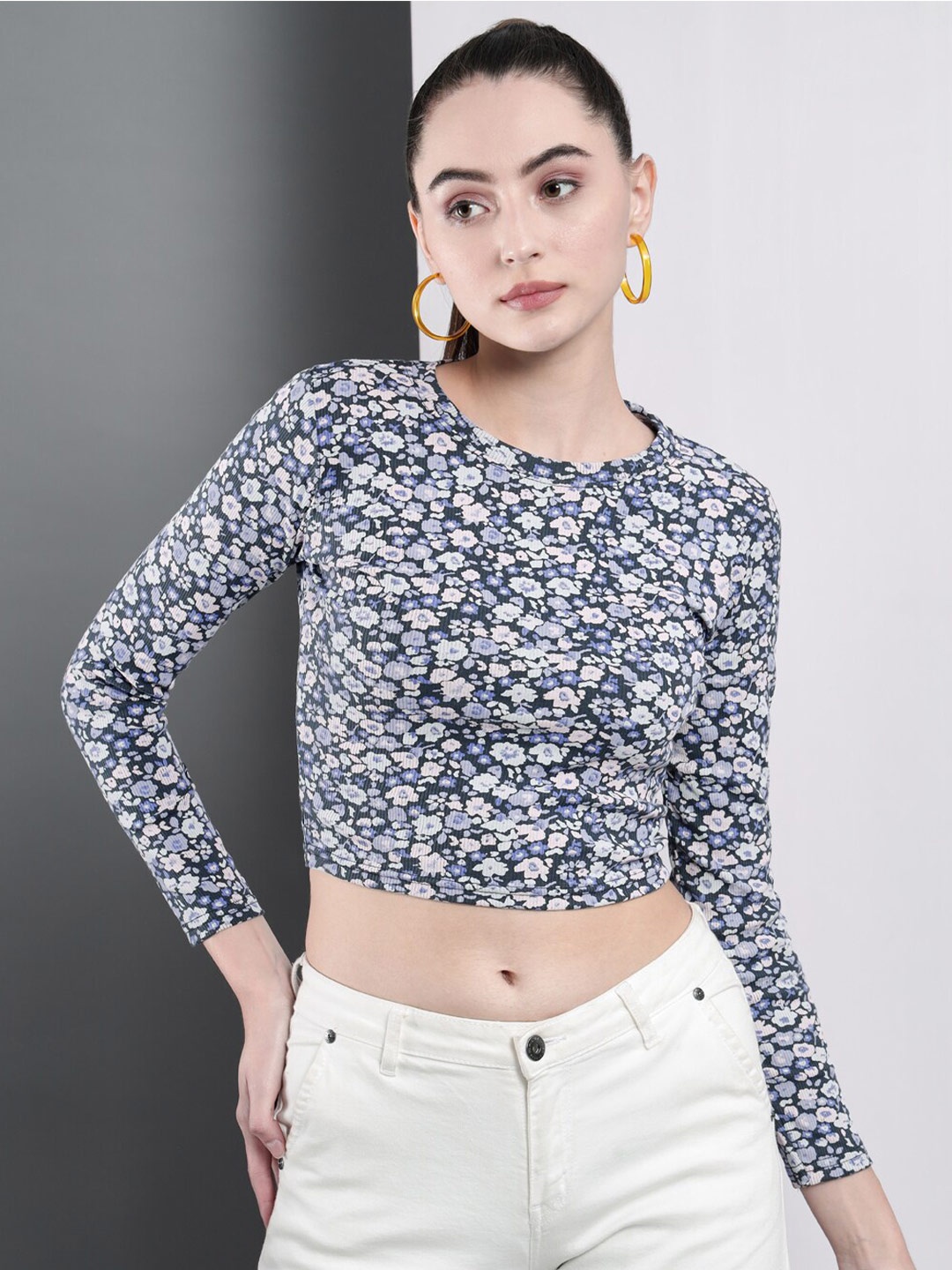 

GUTI Floral Printed Long Sleeves Cotton Crop Top, Blue