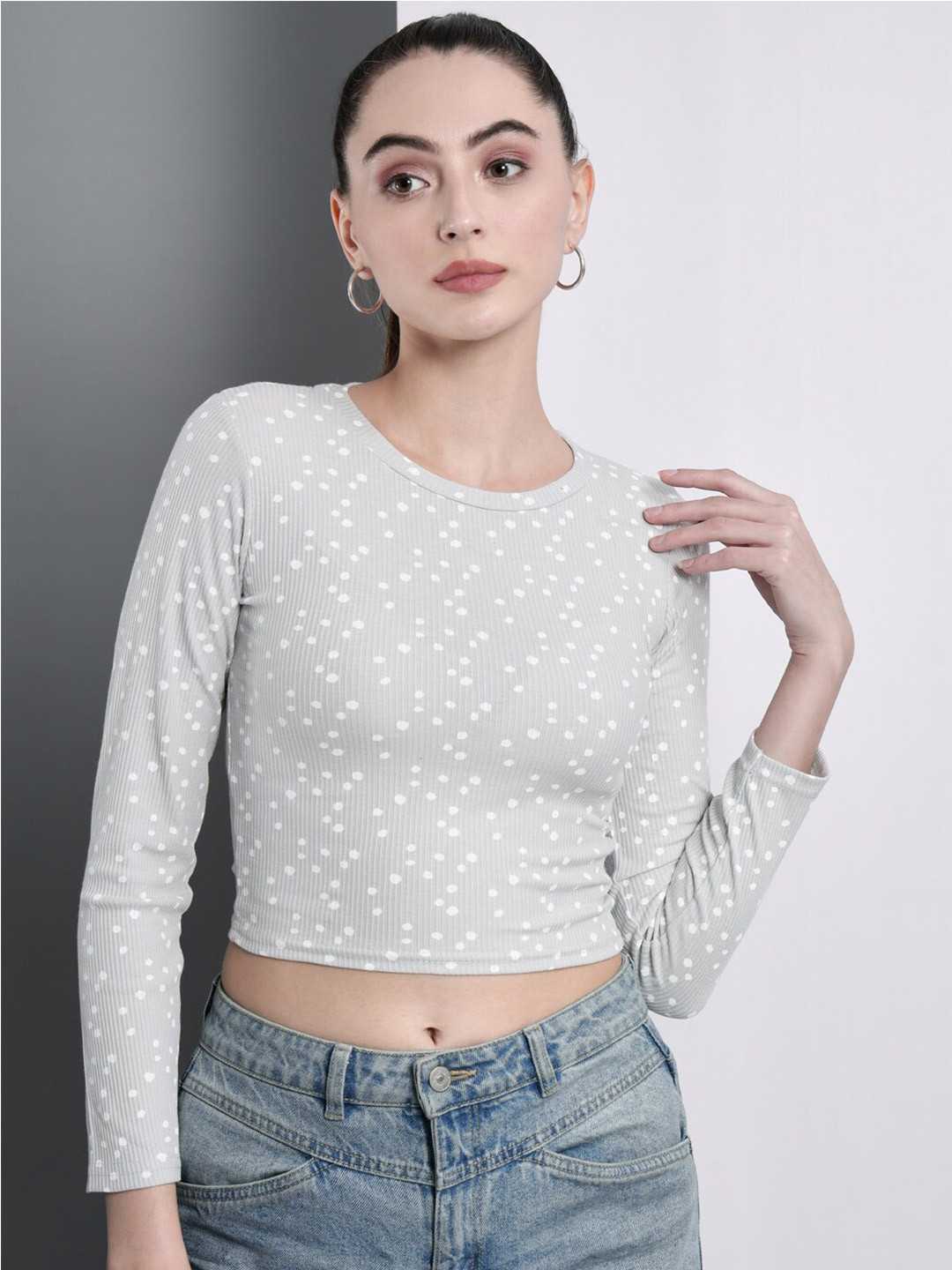 

GUTI Polka Dots Printed Long Sleeves Cotton Crop Top, Grey
