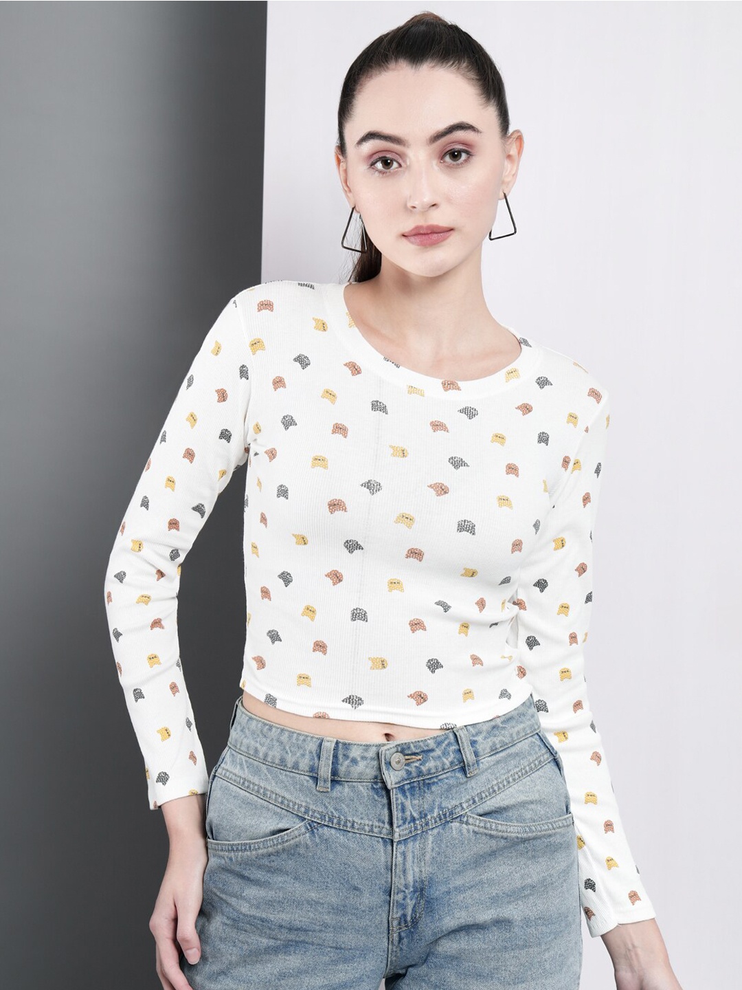 

GUTI Conversational Printed Long Sleeves Cotton Crop Top, White