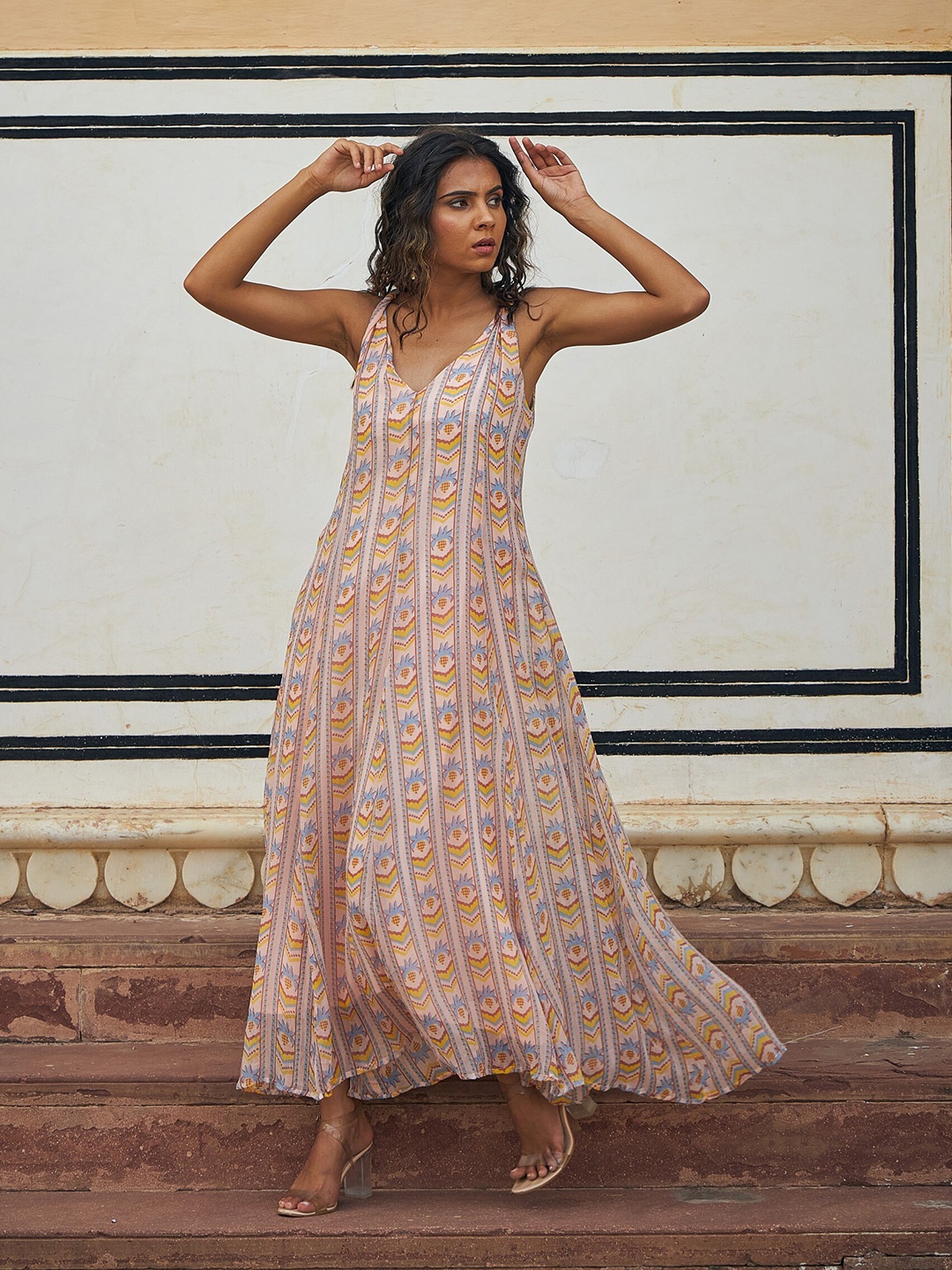 

Baise Gaba Peach-Coloured Print Chiffon Maxi Dress