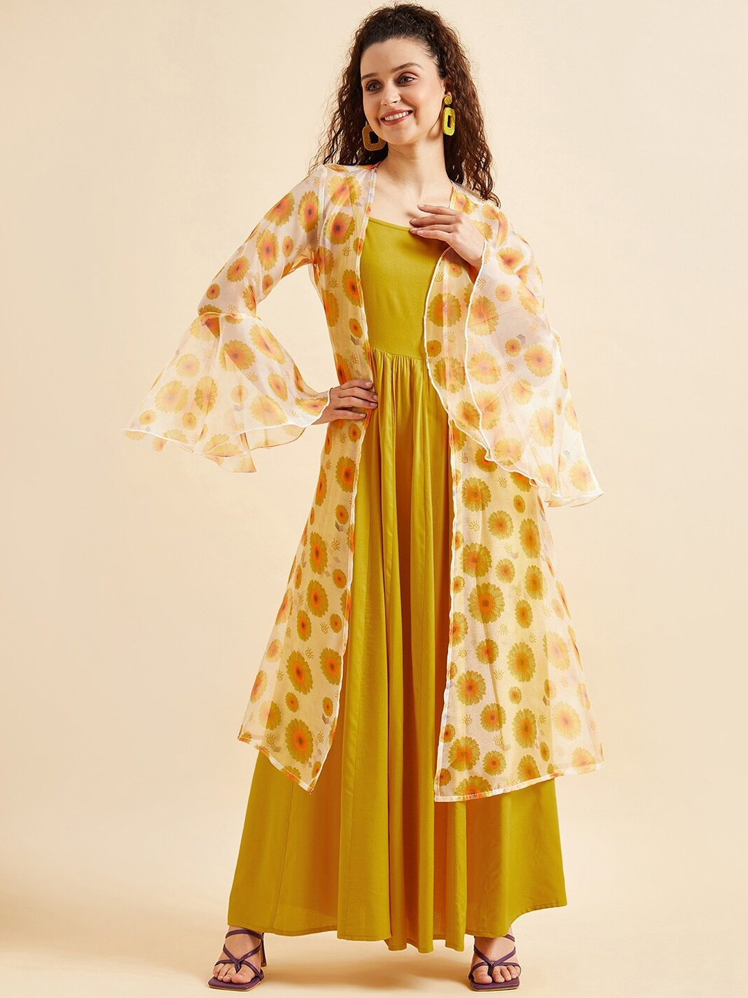 

PANIT Shoulder Straps Fit & Flare Maxi Ethnic Dress With Printed Shrug, Cream