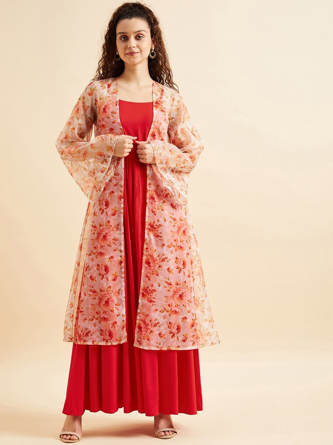 

PANIT Shoulder Straps Fit & Flare Maxi Ethnic Dress With Printed Shrug, Red