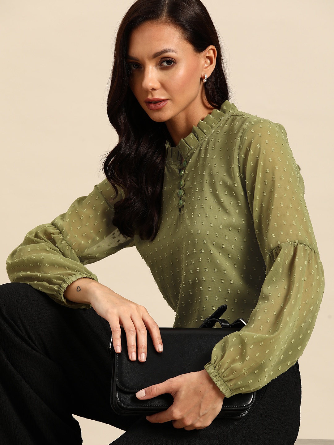 

all about you Puff Sleeves High Neck Georgette Top, Olive