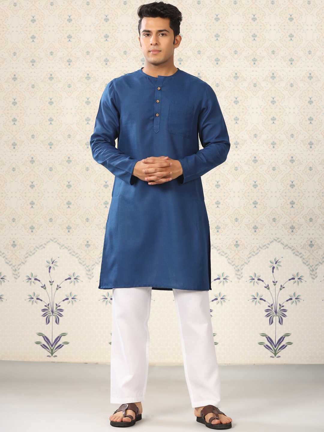 

Ode by House of Pataudi Men Mandarin Collar Kurta With Pyjamas, Blue