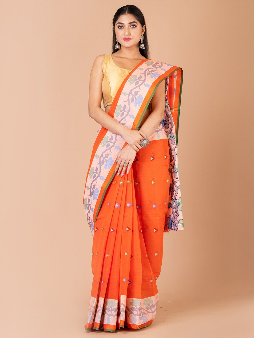 

Laa Calcutta Woven Design Pure Cotton Taant Saree, Orange