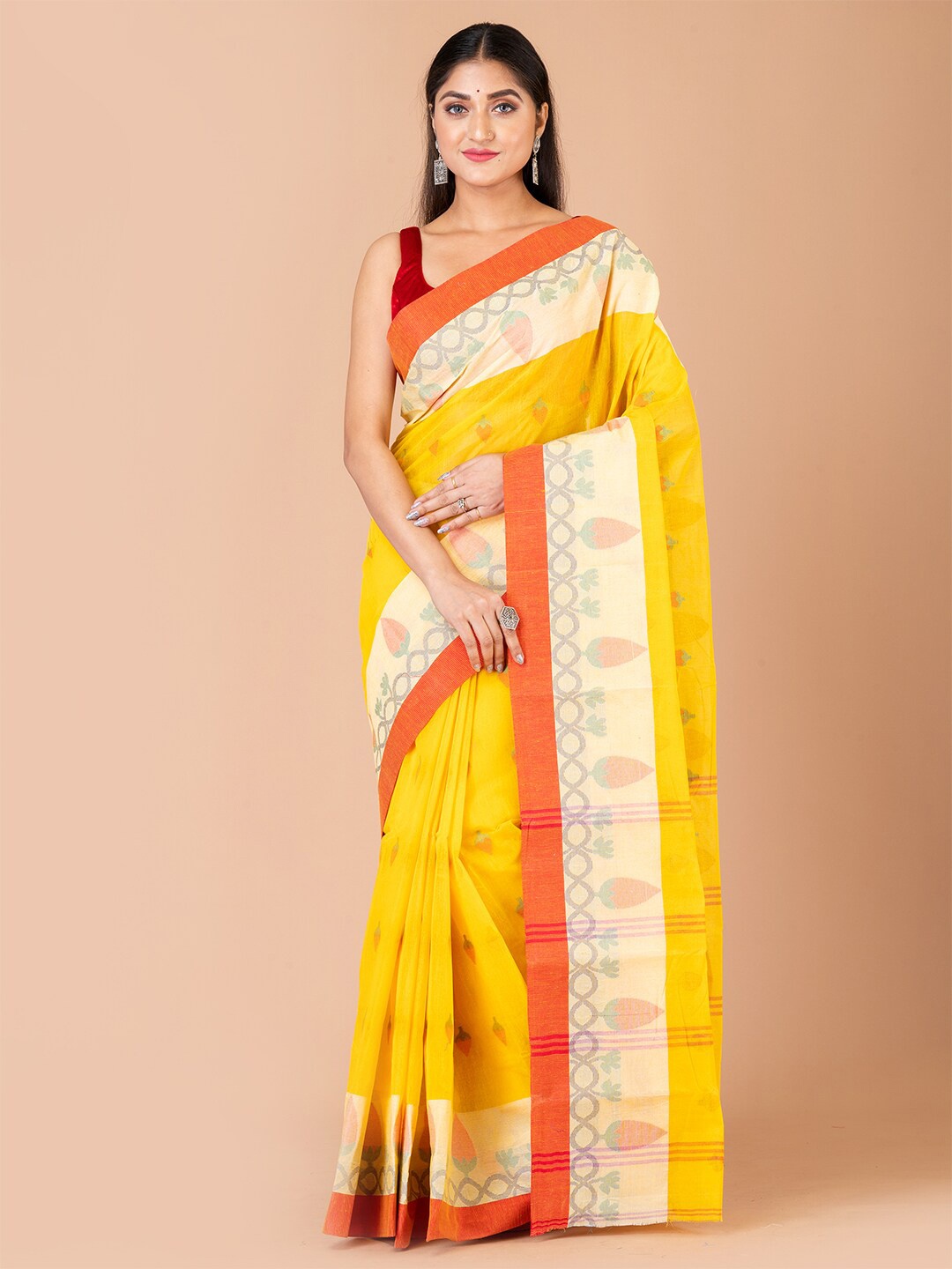 

Laa Calcutta Floral Pure Cotton Taant Saree, Yellow