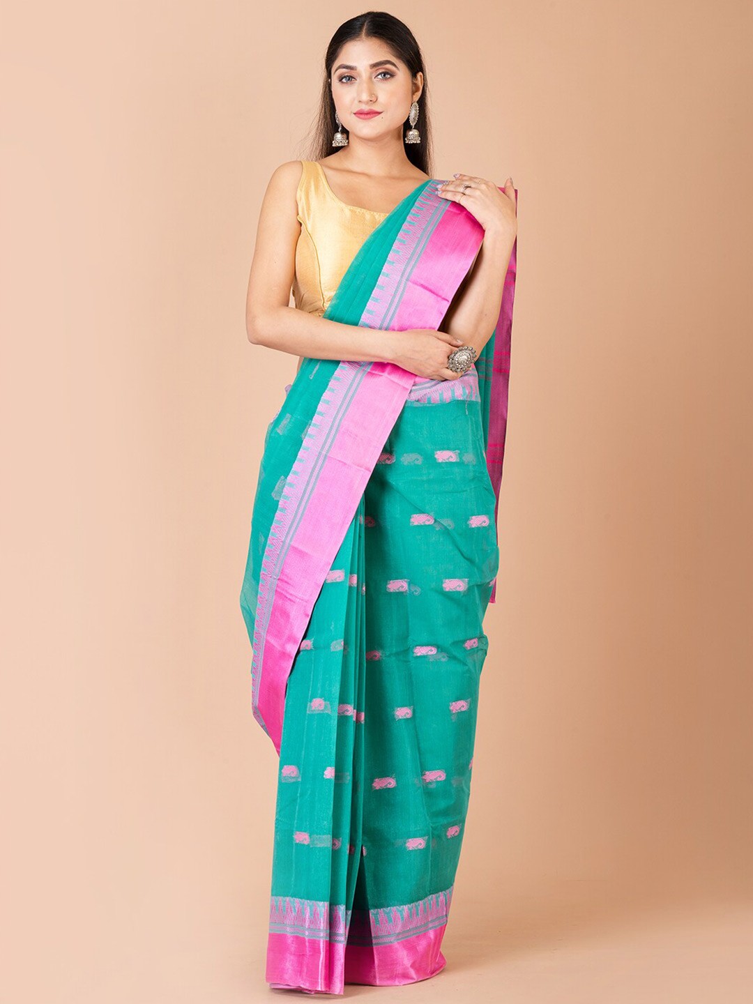 

Laa Calcutta Ethnic Woven Design Zari Pure Cotton Taant Saree, Green
