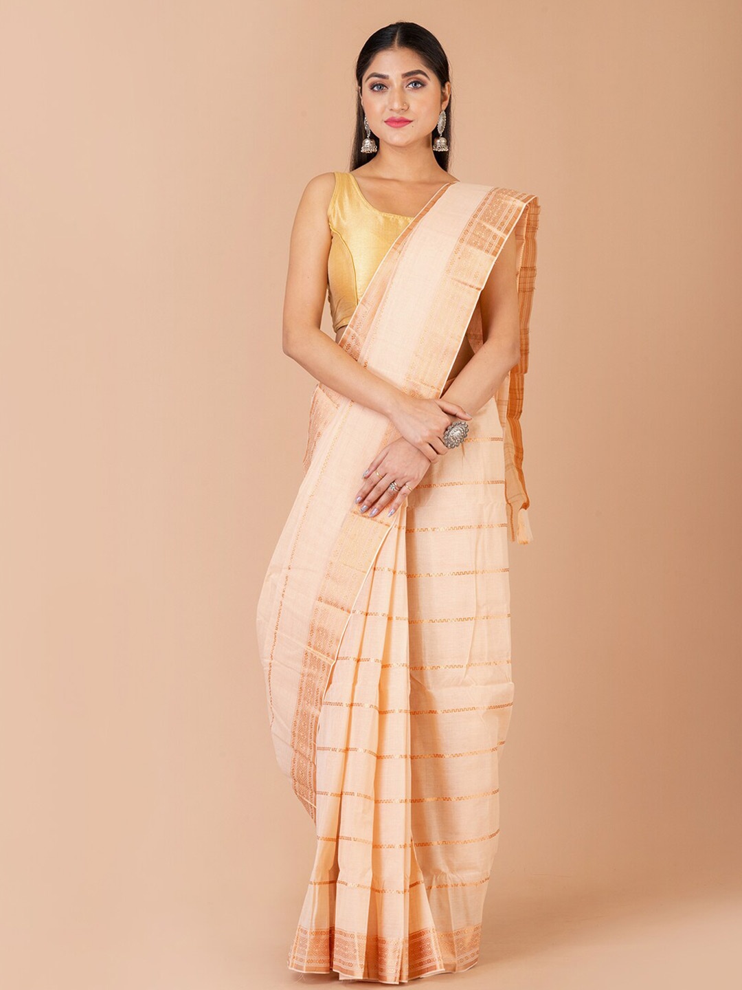 

Laa Calcutta Striped Pure Cotton Taant Saree, Cream