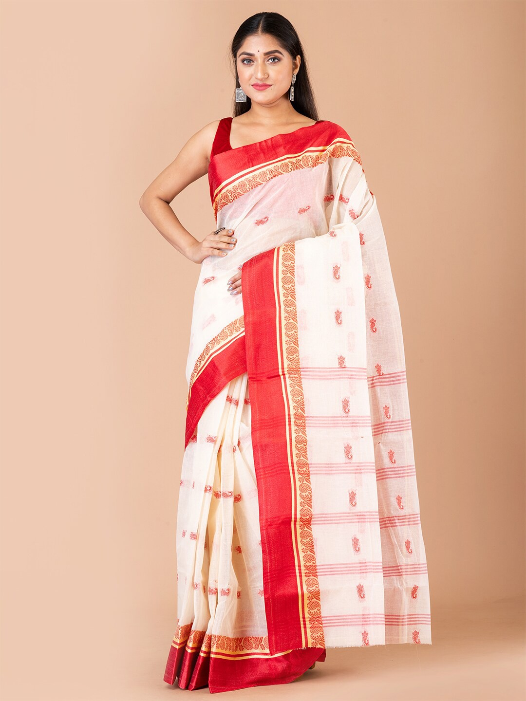 

Laa Calcutta Ethnic Motif Pure Cotton Taant Zari Saree, Off white
