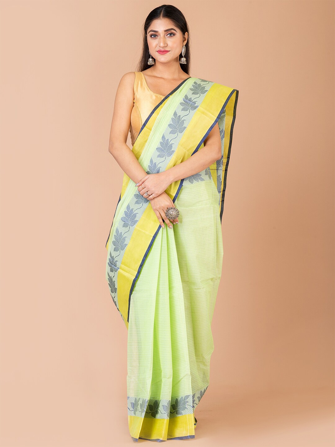 

Laa Calcutta Striped Pure Cotton Taant Zari Saree, Green