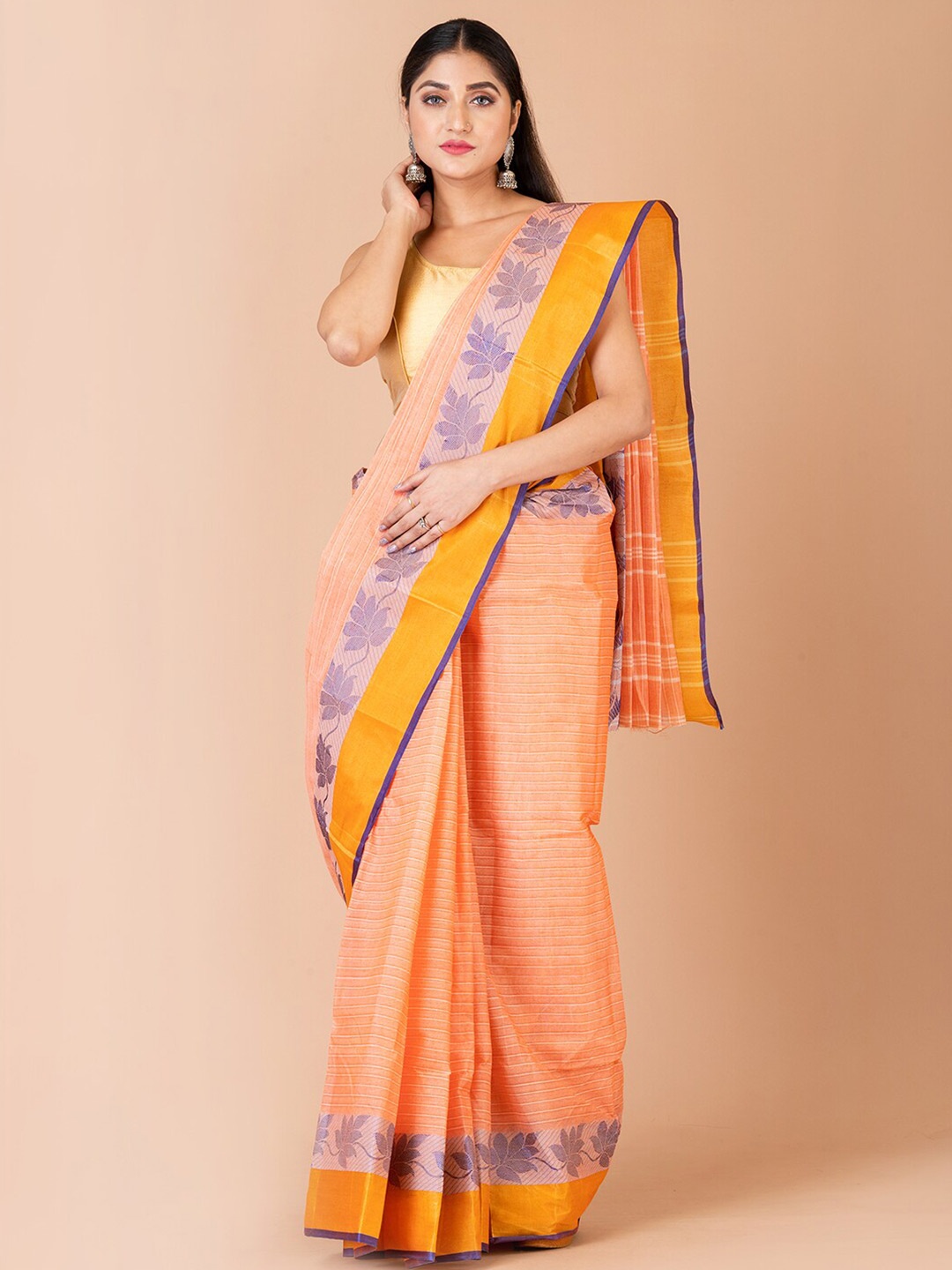 

Laa Calcutta Striped Pure Cotton Taant Saree, Peach