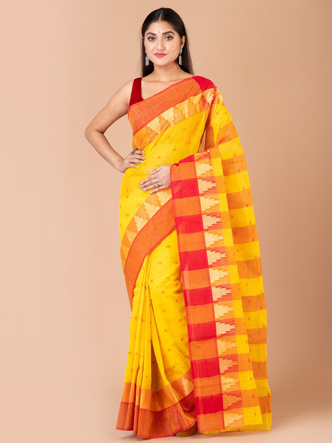 

Laa Calcutta Woven Design Pure Cotton Taant Saree, Yellow