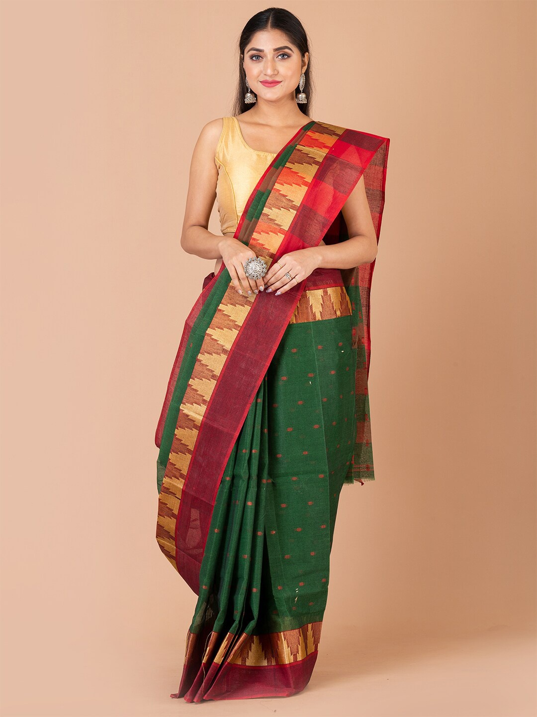 

Laa Calcutta Ethnic Motif Pure Cotton Taant Zari Saree, Green