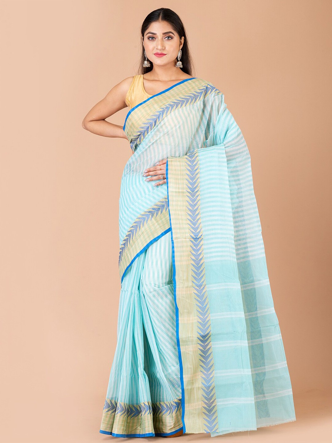 

Laa Calcutta Striped Zari Pure Cotton Taant Saree, Sea green