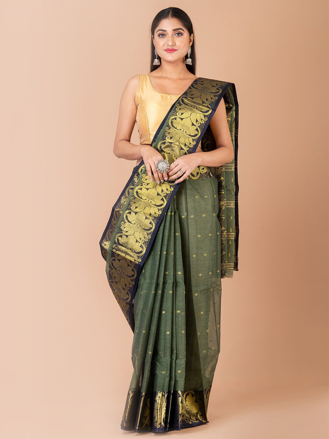 

Laa Calcutta Ethnic Motif Pure Cotton Taant Zari Saree, Green