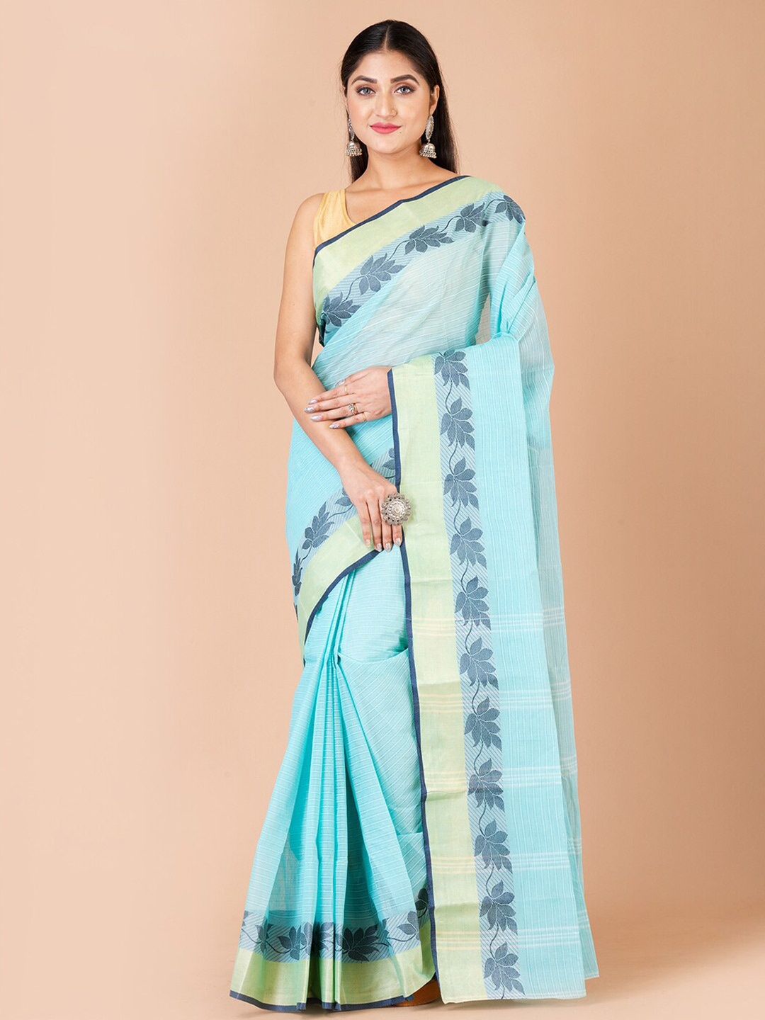 

Laa Calcutta Woven Design Zari Pure Cotton Taant Saree, Blue